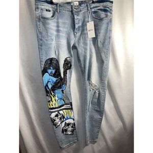 Mackeen Jean Men 42x32 Nite  Market  Button Fly Denim Jeans Skulls Flames Babe